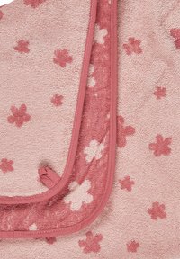 Rose-colored towel with a floral pattern in lighter shades. Soft texture, finished edges with matching trim. Design features scattered flowers.