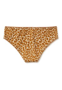 Leopardprint bikini onderkant met een tan en bruin kleurenpalet, zachte stof en decoratieve afwerking langs de tailleband.