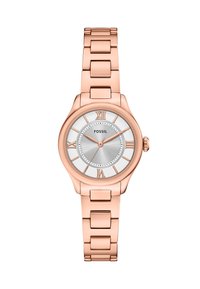 Rose gold metal watch with a round face, silver dial, Roman numerals, and a polished finish on the band and case. Simple two-hand movement.