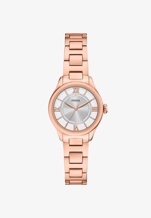 Reloj de metal en oro rosa con esfera redonda, dial plateado, números romanos y un acabado pulido en la correa y la caja. Movimiento simple de dos manecillas.