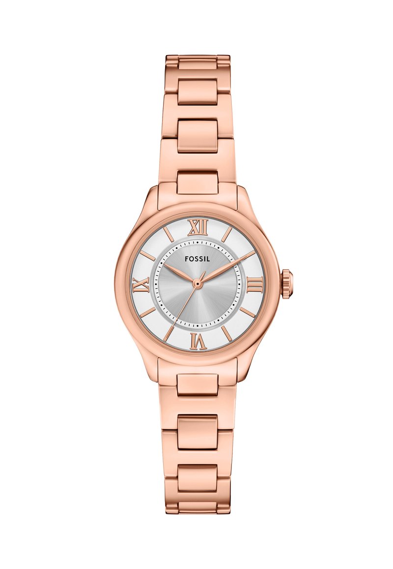 Rose gold metal watch with a round face, silver dial, Roman numerals, and a polished finish on the band and case. Simple two-hand movement.