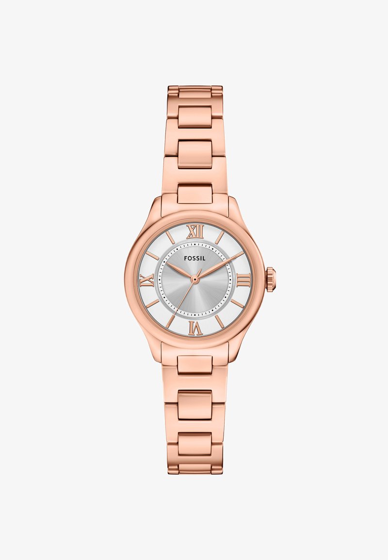 Roze-gouden metalen horloge met een ronde wijzerplaat, zilveren wijzerplaat, Romeinse cijfers en een gepolijste afwerking op de band en de kast. Eenvoudige twee-hands beweging.