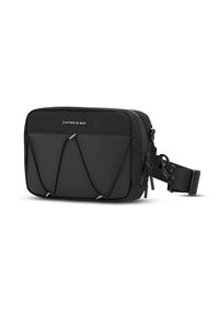 Borsa a spalla nera con tessuto testurizzato, dettagli in corda bungee, chiusura con zip e tracolla regolabile per un trasporto sicuro.