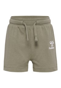 Gröna bomullsshorts med elastisk midja, justerbar dragsko och en liten vit logotyp på framsidan. Mjuk textur, avslappnad design.