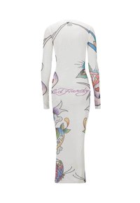 Langärmliges, figurbetontes Kleid aus einem weißen Stoff mit bunten, von Tattoos inspirierten Designs, darunter Herzen, Blumen und Schmetterlinge.
