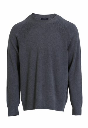 Grijze sweater gemaakt van een zachte gebreide stof, met een ronde hals, geribbelde schouderdetails en lange mouwen met een relaxte pasvorm.
