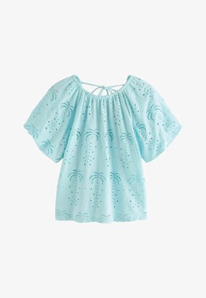 Bluza bleu deschis cu mâneci scurte, broderie tip găurele, decolteu elastic și închidere cu șnur la spate.