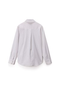 Button-up shirt in light gray with white stripes; features a back yoke, pleat, and long sleeves with button cuffs. Smooth fabric texture.
