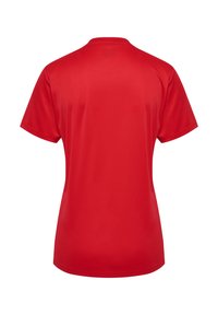 Rotes T-Shirt mit kurzen Ärmeln aus glattem, leichtem Stoff. Verfügt über einen runden Ausschnitt und ein schlichtes, schmuckloses Rückendesign.