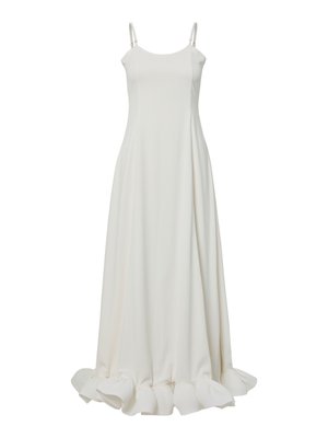 Witte jurk tot op de vloer met verstelbare spaghettibandjes, een soepele textuur en een gerimpelde zoom voor extra detail. Eenvoudige A-lijn silhouet.