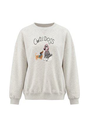 Felpa grigio chiaro con un cane e un barboncino in stile cartone animato che indossano un cappello rosa, con il testo "Cute Dogs" ricamato sopra l'illustrazione.