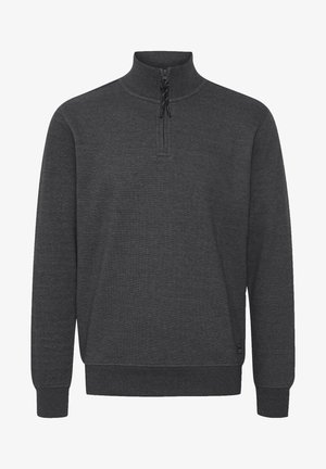 Tumehall pullover-sviiter, millel on pool-zip krae, pikad varrukad, soonikkoes sääred ja hem, ning tekstureeritud kangas. Omab peent logo detaili.