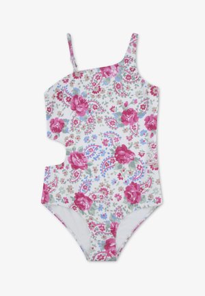 Jednoczęściowy strój kąpielowy na jedno ramię w białym kolorze z kwiatowym wzorem w odcieniach różu, niebieskiego i zieleni. Posiada prążkowaną teksturę oraz wycięcie po boku.