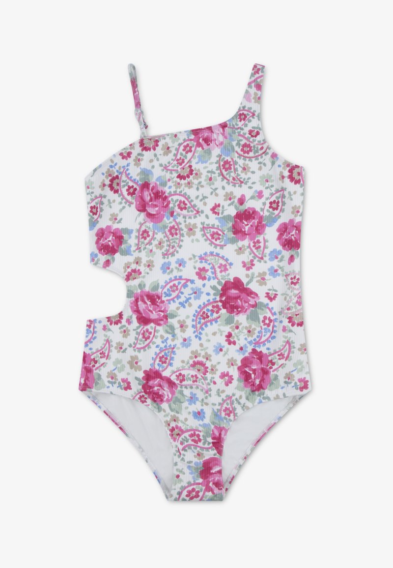 Ολόσωμο μαγιό με έναν ώμο σε λευκό χρώμα με φλοράλ μοτίβο σε ροζ, μπλε και πράσινο. Διαθέτει ριμπ υφή και κοψίματα στο πλάι.