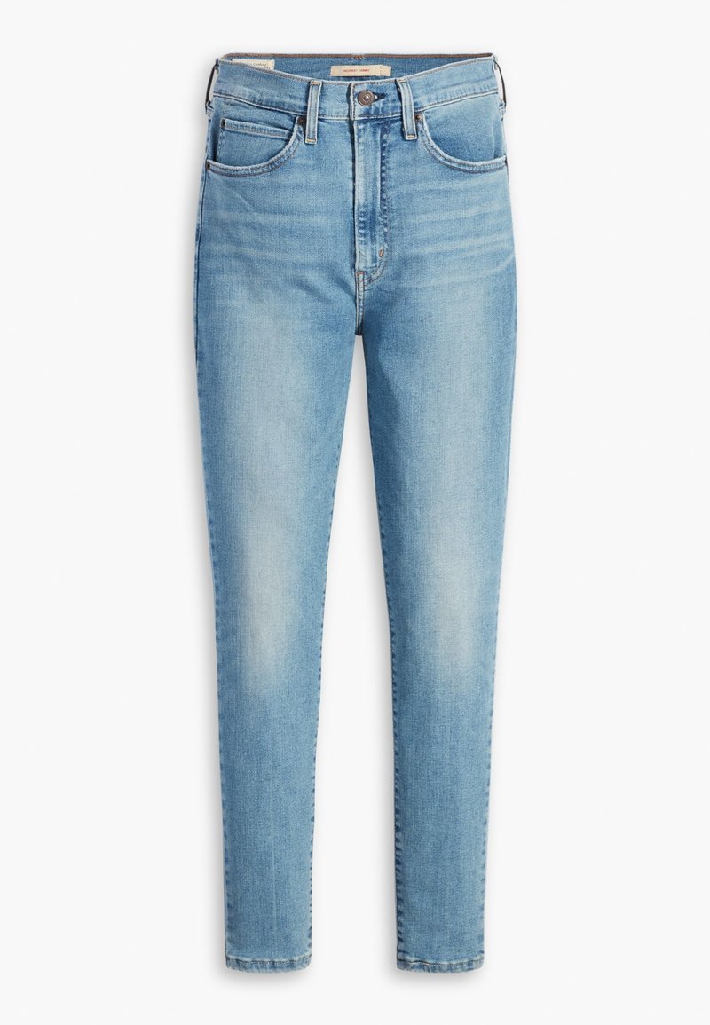 Helle blaue Denim-Jeans mit slim fit, hoher Taille, fünf Taschen, Reißverschluss und subtilen Ausblühungen an den Beinen.