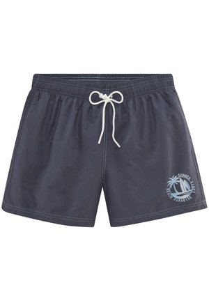 Dunkelgraue Schwimmshorts mit weißem Kordelzug und Seitentaschen, mit einer hellblauen "Summer Vibes Beach Paradise" Grafik mit Palme und Segelboot.