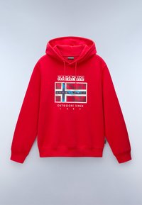 Rode hoodie met een voorkantgrafiek met een vlagontwerp, tekst met de woorden "Napapijri Geographic Outdoors Since 1987" en een capuchon met trekkoord.