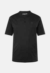 Tmavě šedé polo tričko s krátkým rukávem vyrobené z měkké tkaniny, s knoflíkovou légou, kulatým límečkem a diskrétním logem na hrudi.
