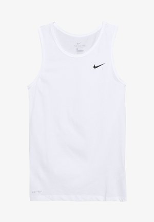 Bijela majica bez rukava izrađena od glatkog materijala s crnim Nike logotipom na prsima i "DRI-FIT" natpisom u donjem lijevom kutu.
