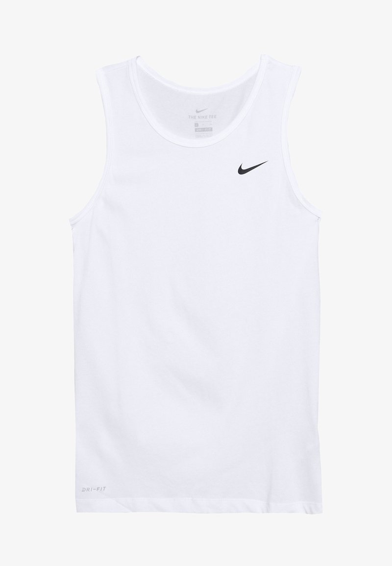Valge ilma varrukateta T-särk, mis on valmistatud siledast kangast, musta Nike logo ja "DRI-FIT" tekstiga all vasakus nurgas.