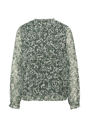 Vihreä, teksturoitu paita, jossa on valkoinen kukkakuosi, korkeakauluksellinen ja napitettava malli. Pitkät hihat, joissa on koottu ruoho. Kevyt kangas.