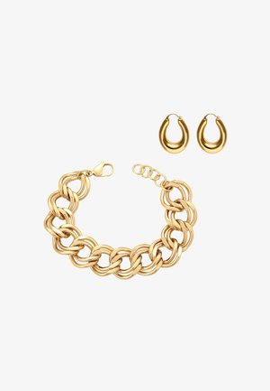 Kullanvärinen korusetti, joka sisältää paksun ketjurannekorun liukuklipsillä ja siihen sopivat renkaskorvakorut. Sileä, kiiltävä pinta ja yhtenäinen muotoilu.