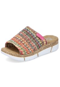 Mocassin tissé à enfiler avec une tige synthétique multicolore, une semelle en liège et une semelle en caoutchouc blanche avec des accents texturés.