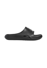Svart slide-sandal med en slät plastdesign, öppen tå och sidoventilationshål. Har en upphöjd logotyp på den övre remmen.