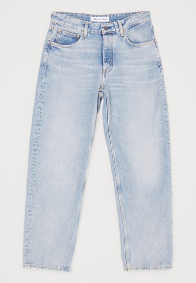 Heledad sinine teksade püksid, millel on mugav lõige, viis taskut ja sirge jala disain. Pleekinud tekstuur, ülemine nööp ja tõmblukk.