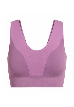 Nahtloser mauvefarbener Sport-BH mit breiten Schulterträgern, Rundhalsausschnitt, strukturierten Stoffeinsätzen und breitem geripptem Unterbrustband.