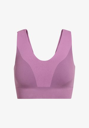 Nahtloser mauvefarbener Sport-BH mit breiten Schulterträgern, Rundhalsausschnitt, strukturierten Stoffeinsätzen und breitem geripptem Unterbrustband.