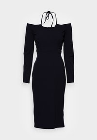 Vestido preto justo com mangas longas, design ombro a ombro e fecho às costas. Feito de um tecido macio e elástico com uma silhueta elegante.