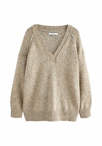 Beige strikket sweater med V-hals, ribbede manchetter og kant. Teksturen har et spottet mønster, der forbedrer den visuelle detalje.