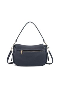 Borsa a spalla in pelle blu navy con superficie testurizzata, forma arrotondata, tasca con zip in metallo dorato e tracolla removibile.