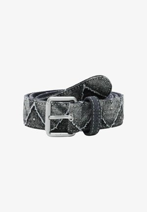 Denim riem in grijstinten met een gestructureerd patroon. Voorzien van een rechthoekige zilveren metalen gesp en een gladleren lus.