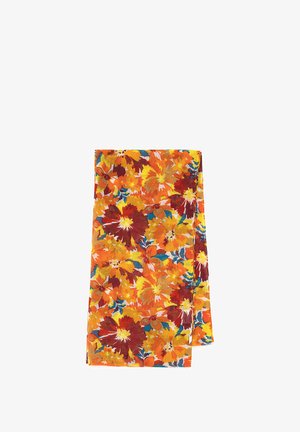 Bloemen sjaal met een levendig patroon van oranje, gele en rode bloemen tegen een transparante achtergrond. Lichtgewicht, rechthoekige vorm.