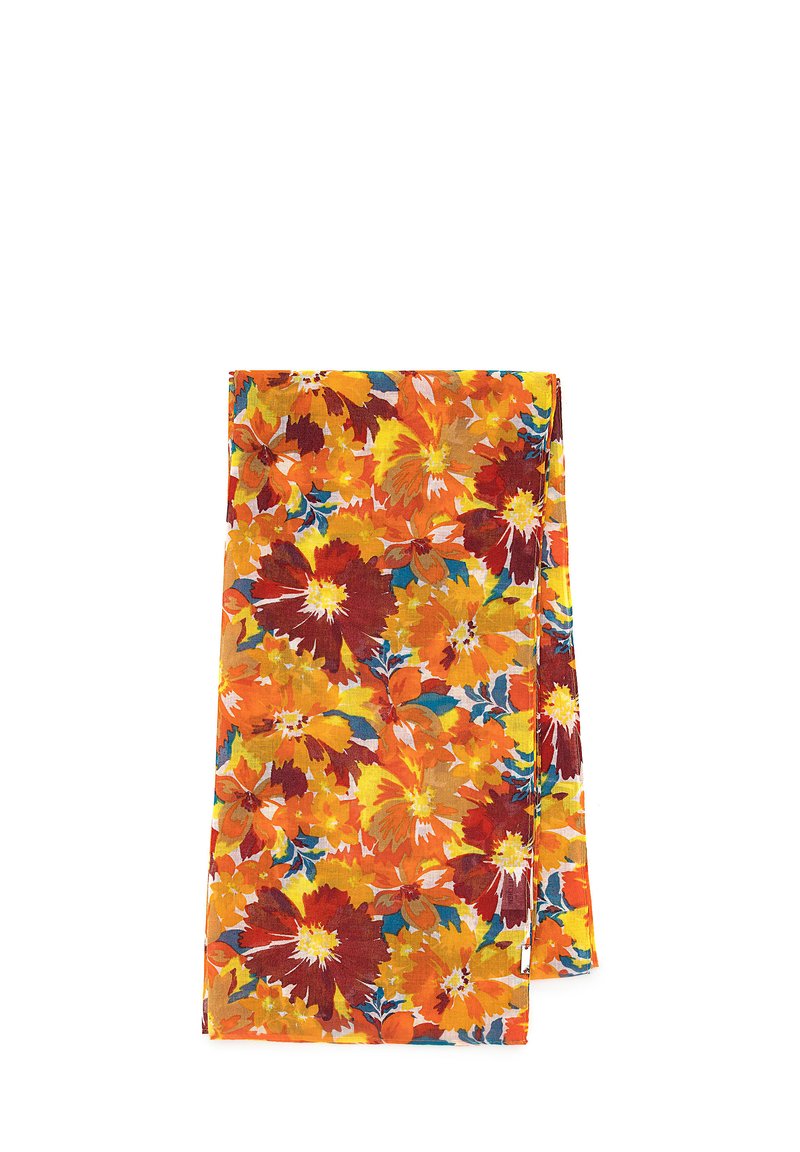 Foulard floreale con un motivo vivace di fiori arancioni, gialli e rossi su uno sfondo trasparente. Forma rettangolare e leggera.