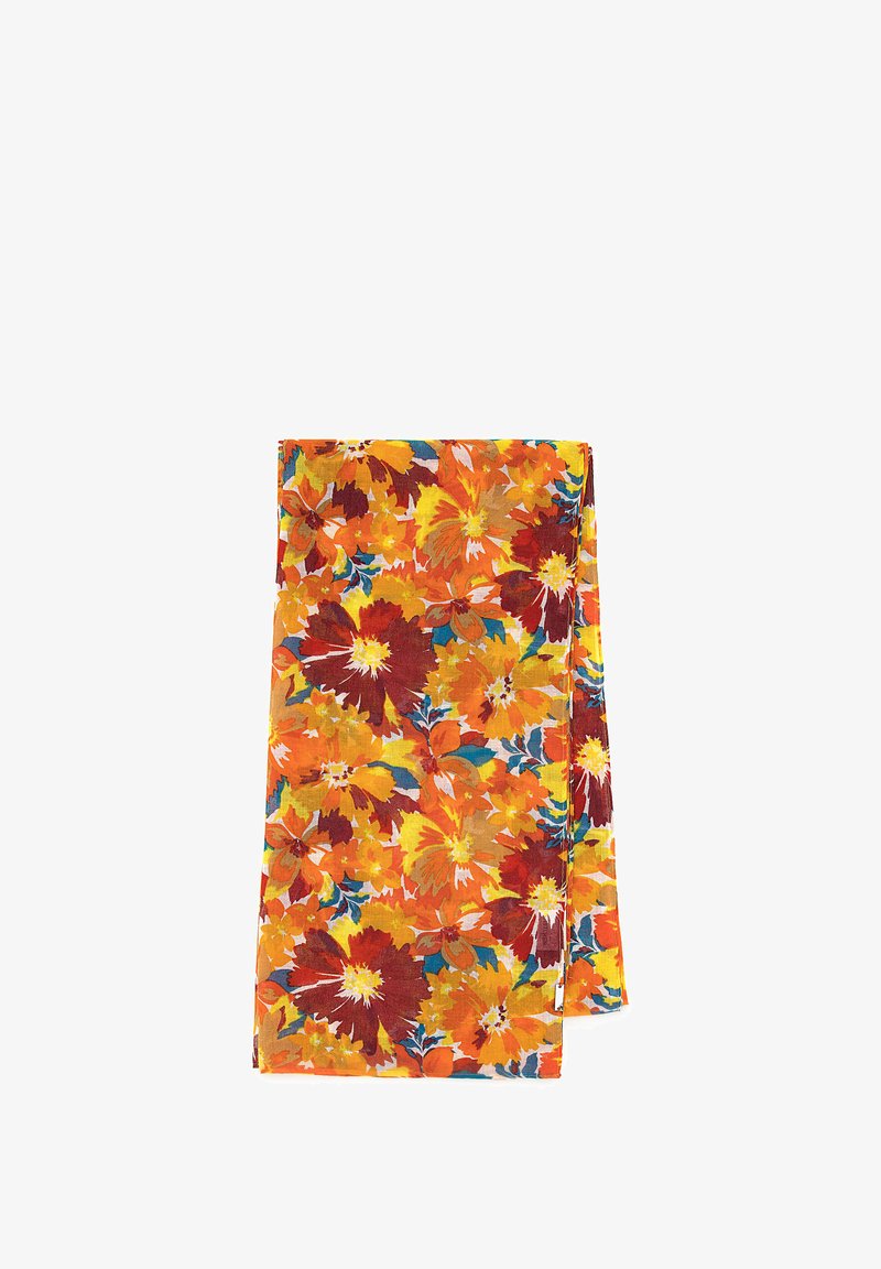 Foulard floreale con un motivo vivace di fiori arancioni, gialli e rossi su uno sfondo trasparente. Forma rettangolare e leggera.