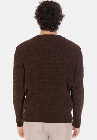 Uomo con capelli ricci che indossa un maglione marrone scuro a trama e pantaloni beige chiaro, in piedi di spalle alla fotocamera su sfondo bianco.