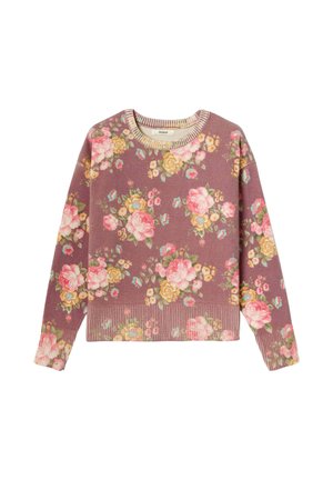 Pull violet à manches longues avec poignets et ourlet côtelés, arborant un motif floral de roses roses et jaunes avec des feuilles vertes.