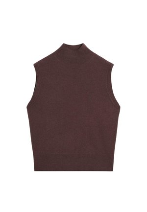 Maglione senza maniche in maglia marrone scuro, con design aderente, texture a coste e colletto alto.