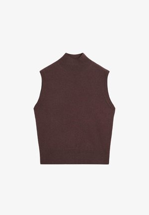 Maglione senza maniche in maglia marrone scuro, con design aderente, texture a coste e colletto alto.