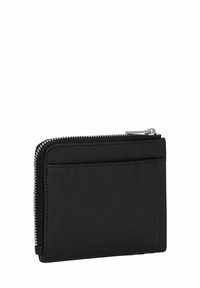 Portafoglio in pelle nera con chiusura a zip, dotato di quattro scomparti per carte da un lato e una superficie texturizzata per un aspetto elegante.
