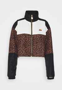 Urtagen jacka med leopardmönstrad nederdel, vit ovandel, svarta ärmar och guldblixtlås. Logotyp på framsidan.