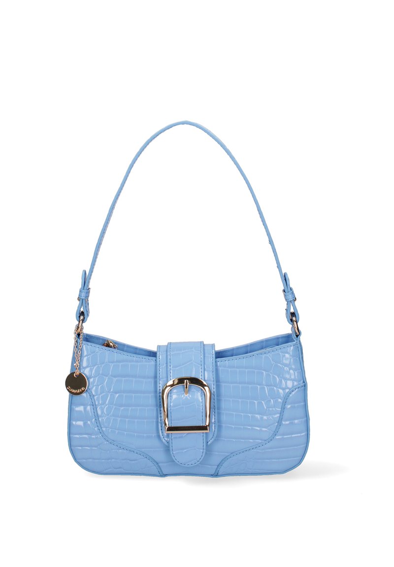 Borsa in ecopelle azzurro chiaro con stampa coccodrillo, di forma strutturata, con una chiusura prominente, tracolla sottile e dettagli in metallo.