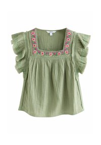 REGULAR FIT - SOFT SHORT SLEEVE EMBROIDERED SQUARE NECK - Bluză - khaki green