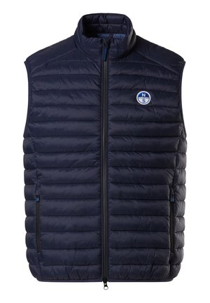 Gilet imbottito blu navy con colletto alto, design a righe orizzontali, zip frontale e due tasche laterali con zip; presenta un logo ricamato sul petto.