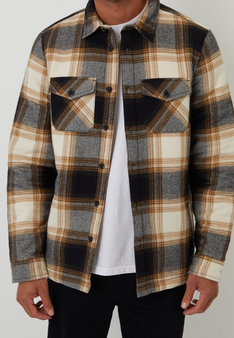 Homme portant une chemise à carreaux marron, noire, grise et crème boutonnée sur un t-shirt blanc avec un pantalon noir, debout devant un fond uni.
