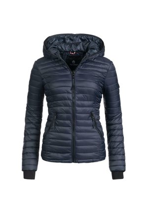 Veste matelassée bleu marine avec capuche, fermeture éclair sur le devant, poches latérales zippées et poignets côtelés aux manches longues.