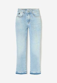 Jean en denim bleu clair avec une coupe droite, présentant un léger effet vieilli, un ourlet effiloché et un design traditionnel à cinq poches.